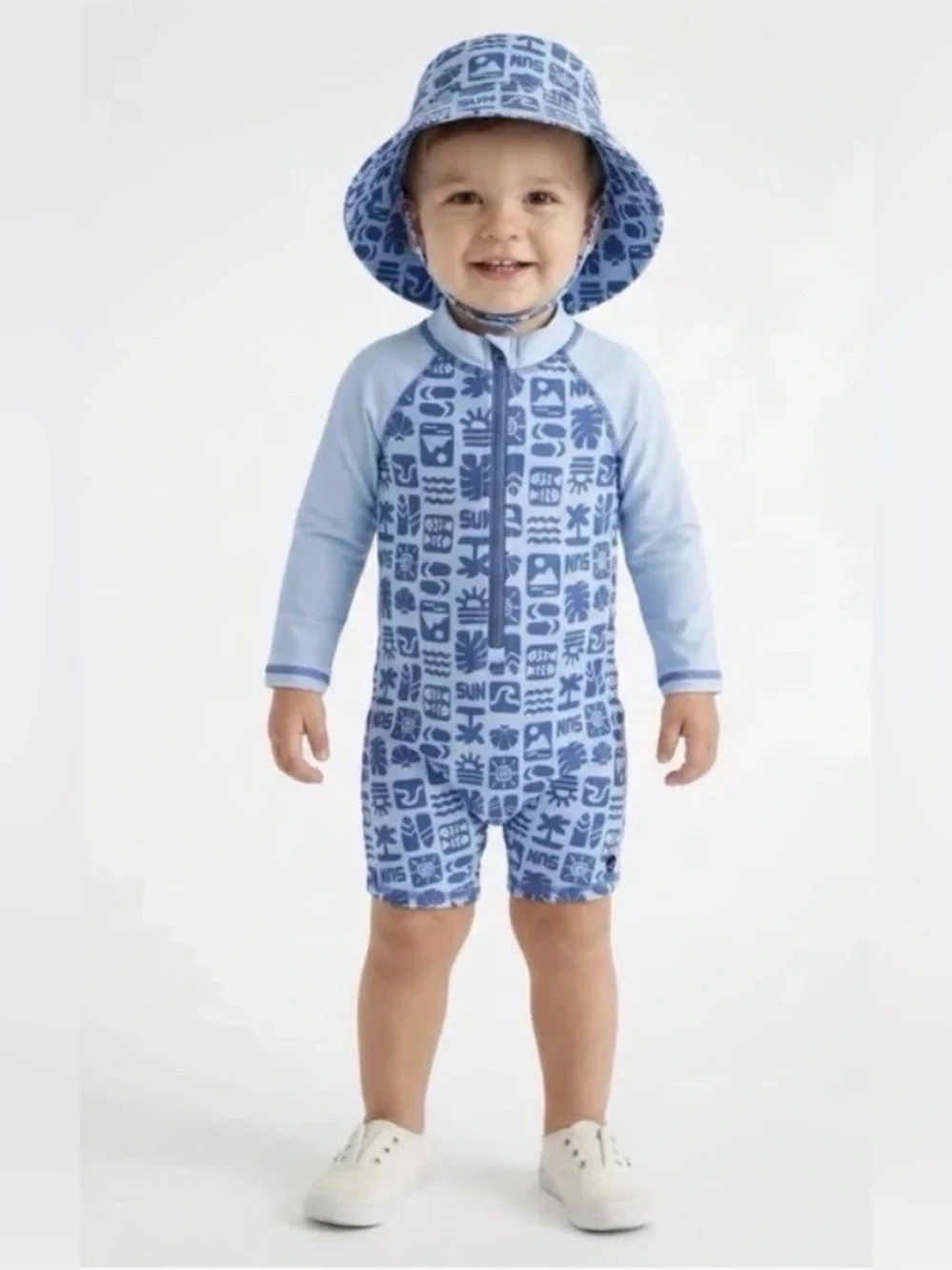 NWT Sperry Boys Blue Rash Guard 1 Piece Swimsuit With Bucket Hat Size 18 Months
